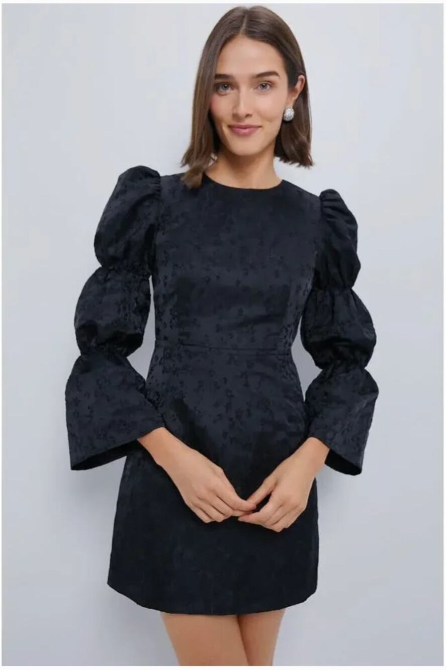 Hyacinth House Jacquard Darcy Dress Puff Sleeve Mini A-Line Black AY602D Size XS